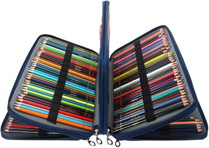 Vomgomfom Large Capacity Pencil Holder - Zipper Closure Twill Fabric Case for 300 Colored Pencils or 200 Gel Pens, Artist Organizer (Blue Rose)
