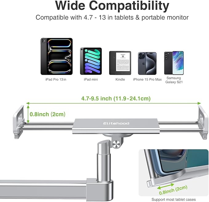 elitehood 28-inch Long Arm iPad Mount for Desk, Adjustable Tablet Desk Mount with Clamp, Sliver Aluminum Tablet Holder Compatible with iPad Pro 13/12.9/11, Air Mini, 4.7-13 inch Tablets & Cell Phones