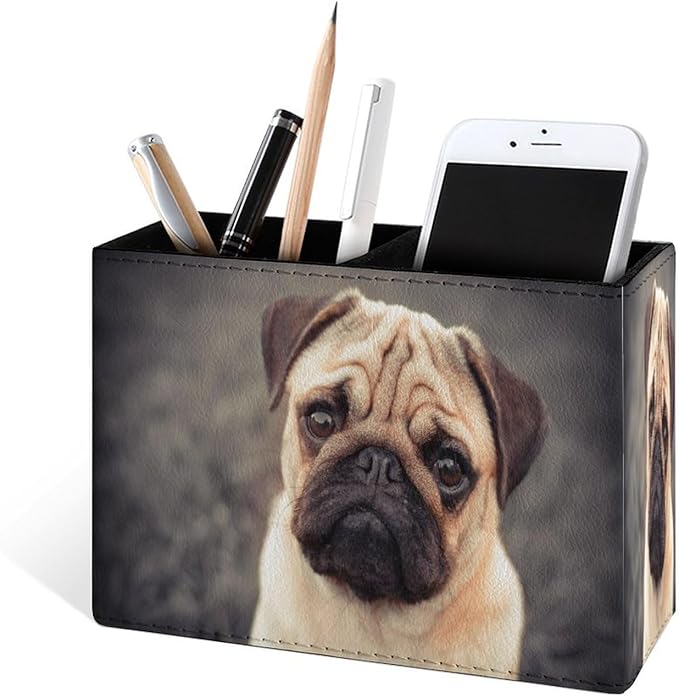 Famame 3D Pug Dog Puppy Pencil Holder for Desk, Leather Desktop Container Pen Cup Storage Study Table Pen Organizer Makeup Brushes Holder for Office Home
