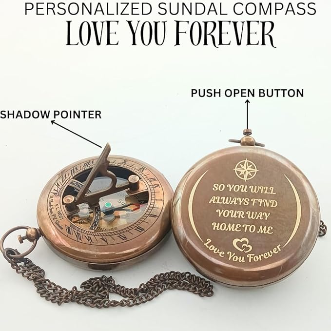DAYOLX So You Can Always find Your Way Back to Me - Personalized Sundial Compass - Luxury Gift - Anniversary Sundial Compass - Brass Personalised Gifts for Men with Engraved Message, 3 inch