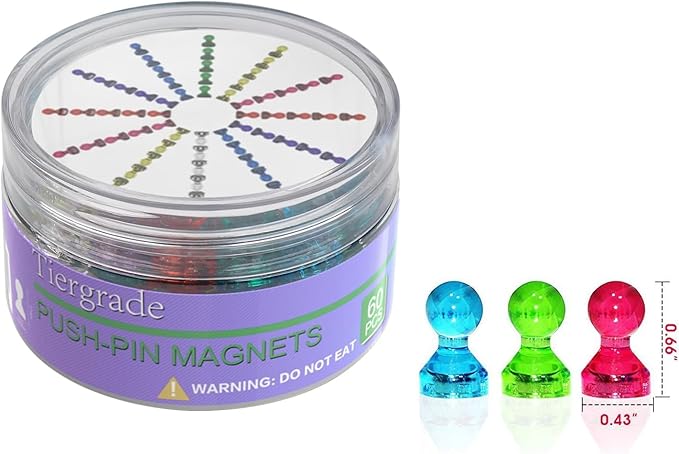 Tiergrade Push Pin Magnets - 58 Pack 7 Assorted Color Strong, Office, Use at Kitchen Home and School Classroom, for Refrigerator Dry Erase Board and Whiteboard.