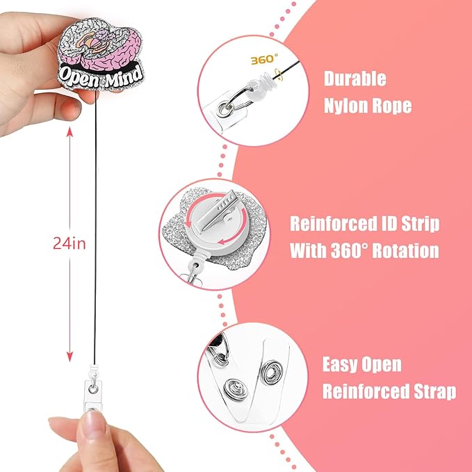Aoryalps Open Mind Retractable Badge Reel Holder Retractable with ID Clip for Nurse Nursing Name Tag Card Nursing Student Teacher Doctor Medical Assistant Work Office Clip-Gifts for Nurse