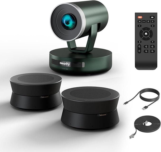 NEARITY 2K Conference Room Camera System, 2X Scalable Conference Speakerphones, POE Daisy Chain, Noise Suppression, PTZ Webcam w/Optical Zoom for Video Conferencing/Streaming in Small to Medium Rooms