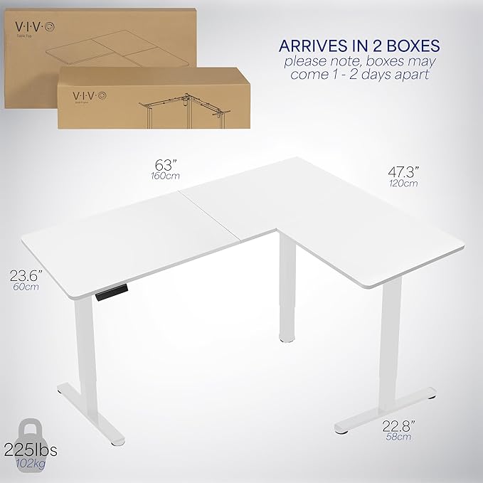 VIVO Electric Corner 63 x 47 inch L-Shaped Standing Desk, Memory Height Adjustment, White Top White Frame, DESK-E3CTW-47