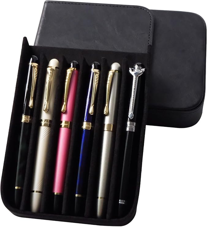 MIVLXLX Leather 6 Fountain Pen/Pencil Tray Case, Handmade, Magnetic Closure with Drawer Design, Gift Choice for Man/Woman/Office, 6 Slots（Black）