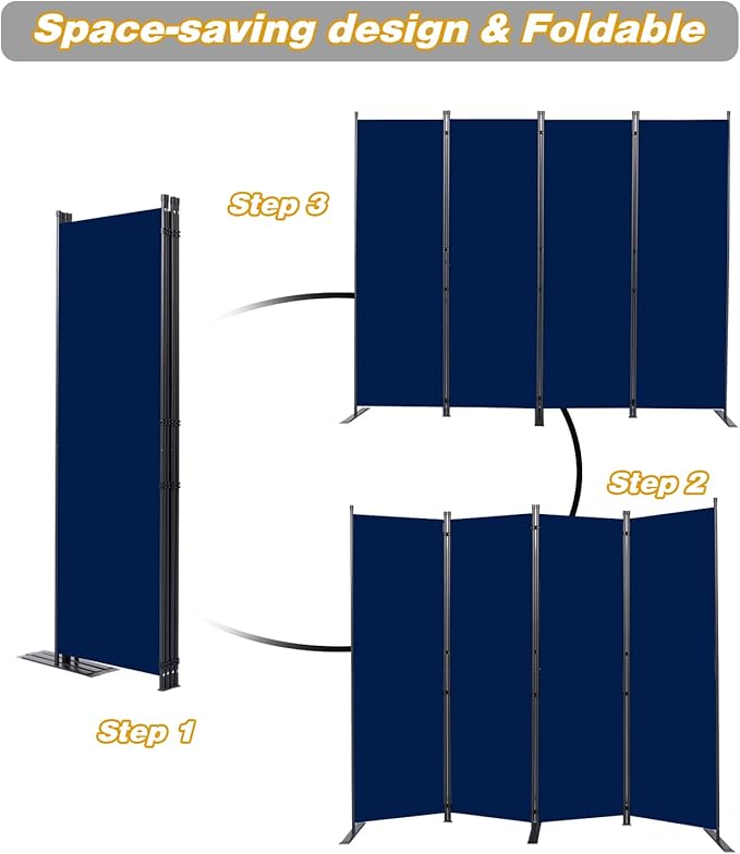 CHOSENM Room Divider, 4 Panel Folding Privacy Screens with Wider Support Feet, 6 Ft Portable Room Partition for Room Separator, 88" W X 71" H, Navy Blue