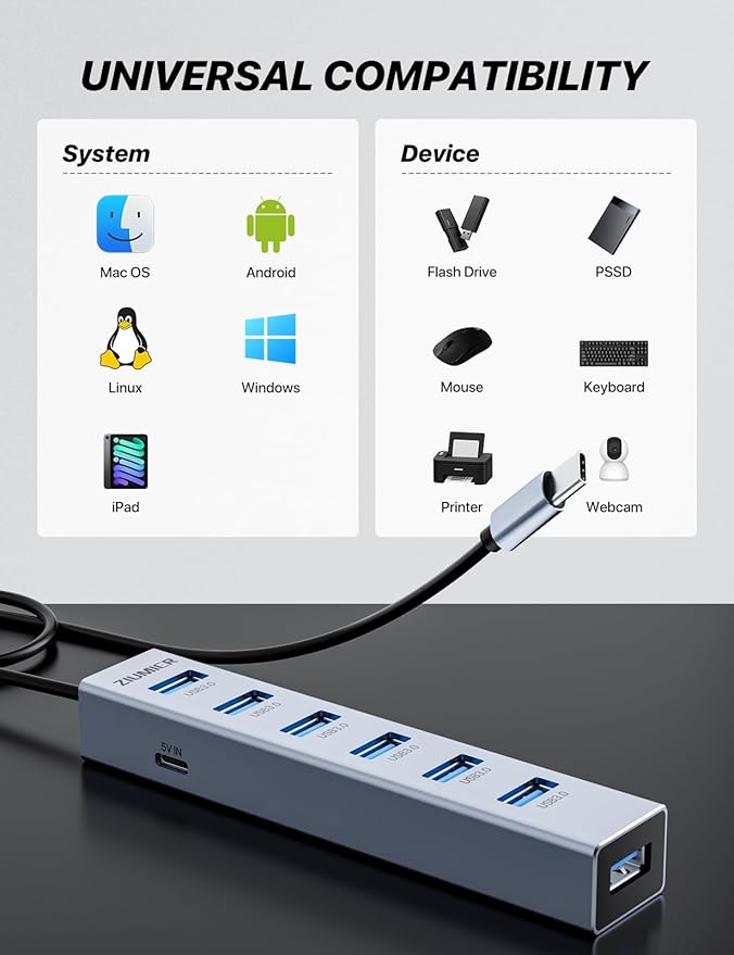 USB C HUB,7 Port USB C to USB Hub,Aluminum Alloy USB 3.0 Data Port, 5Gbps USB Splitter Compatible for Laptop, MacBook, iPad, Surface Pro, XPS