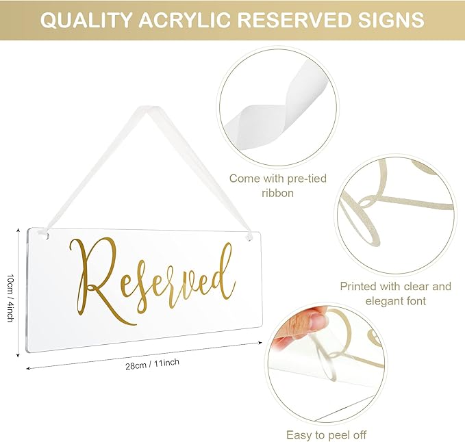 Blulu 6 Pcs Reserved Signs for Wedding Chairs Acrylic Tag Hanging with Ribbon for Wedding Reserved Signs for Important Events Church Pews Chair and Restaurant(Gold)