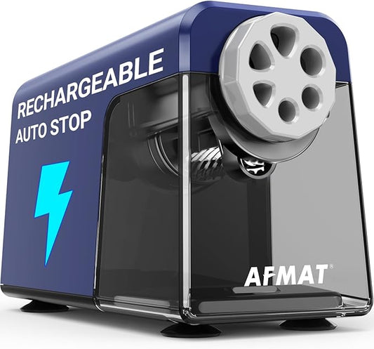 AFMAT 6-Hole Electric Pencil Sharpener, Cordless & Rechargeable, Pencil Sharpener for Classroom, Heavy Duty Pencil Sharpeners for 6-11mm Pencils, Auto Stop, Super Fast, 10,000+ Sharpenings, PSD1