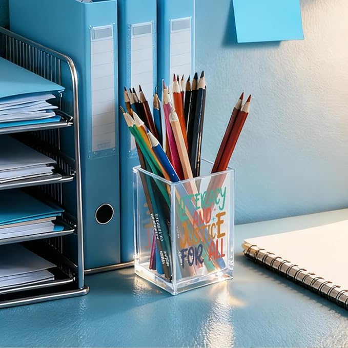 QYUVK Literacy And Justice For All Acrylic Makeup Brush Pencil Holder Cup, Social Justice Gifts for Women Sister Friend Coworker, Stop Book Banning Protect Librarian, Pen Holder for Desk Accessories