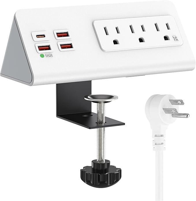 Nightstand Power Strip with USB C, Haiaoyyds Desk Edge Mount Power Hub with 3 Outlets, 4 Fast Charging USB Ports, and 6.56FT Flat Plug Extension Cord for Desk Home Office Accessories, White