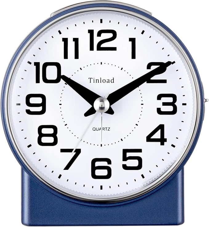 Tinload 4.3" No Ticking Analog Alarm Clock,Silent Readable for Seniors,Easy to Set,Gradual Rise Alarm,Big Numbers,On/Off Switch on Side,Gentle Wake,Snooze,Lighted on Demand,Battery Operated,Blue
