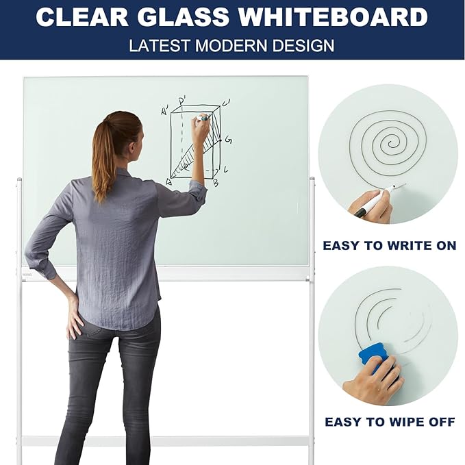 TSJ-OFFICE Rolling Glass Whiteboard on Wheels - 48" x 32" Magnetic Mobile Dry Erase Board with Stand, Large Rolling White Board with 25 Sheets Paper Pad, Transparent Tempered Glass Board Office, Home