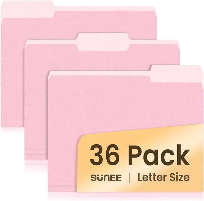 SUNEE File Folders, 36 Pack Manilla Folders 8.5 x 11, Colored File Folders Home Office School Supplies for Documents Files Paper, Pink