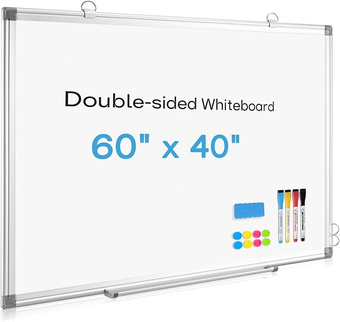 Large Whiteboard Dry Erase Board for Wall, 60" x 40" Double-Sided Magnetic Whiteboard with Long Pen Tray, Wall-Mounted White Board for Home, School, Office, Kitchen