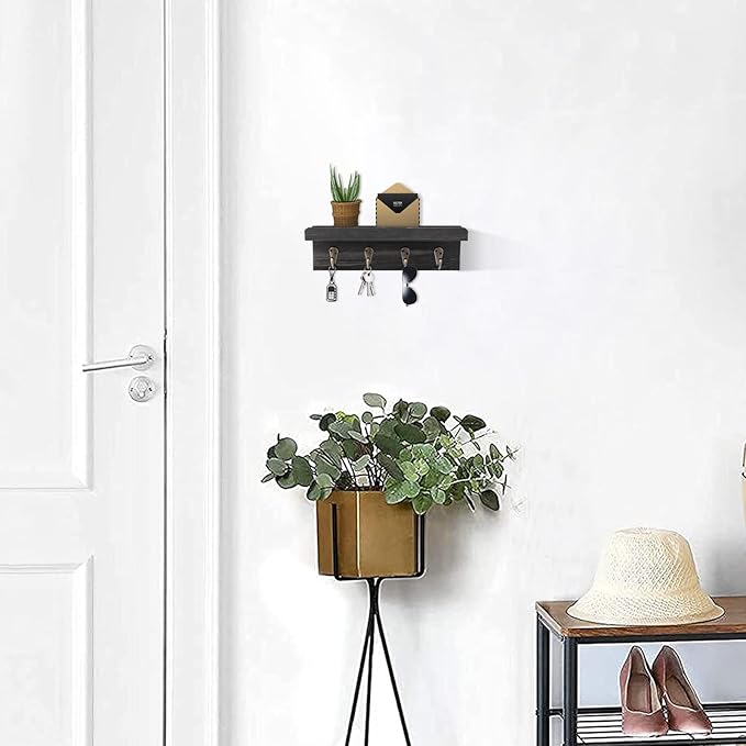 HRONRAD Rustic Key Holder for Wall, Farmhouse Wall Shelf with 4 Hooks, Wall Mounted Key Racks, Wooden Mail Organizer with Hooks for Entryway (Black - Pine)