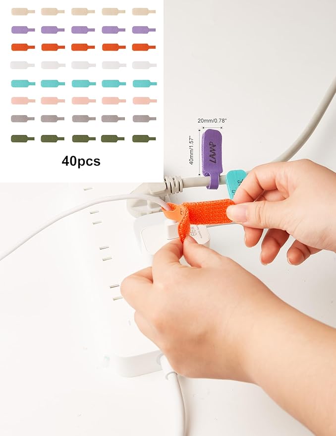 SINGDARIC Cable Labels Large Size, Multi-Color (40-Pack) Write On Cord Tags for Organizing Wires and Identification,Reusable and Versatile for Multiple Purposes - 8Color