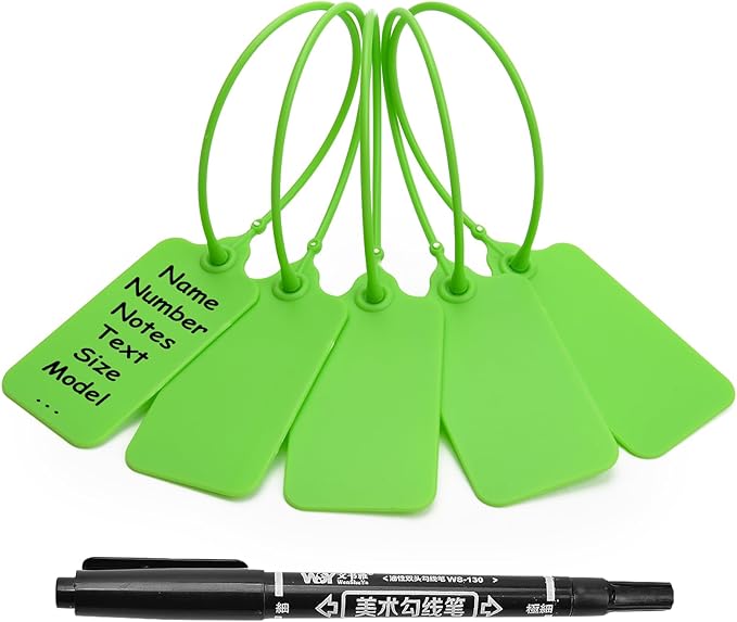 50 Green Blank Plastic Tags for Labeling Waterproof Hanging Labels Writable Tags Seal Plastic Marking Label for Clothes Bags Keys Inventory with One Marker Pen