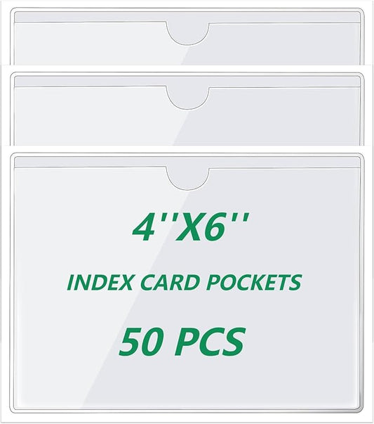 zandfelo 50 Pack 4'' x 6'' Clear Adhesive Index Card Pockets, PVC Labels Holders for Storage Bins and Library Card, Ideal Card Holder with Top Open for Loading and Protecting Your Cards