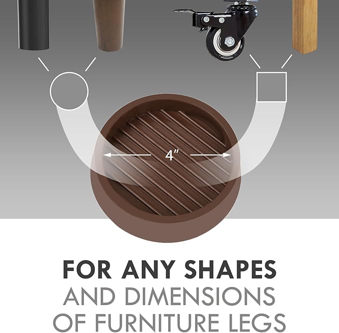 VOCOMO 4X4 Round Rubber Caster Cups, Non Slip Furniture Pads, Anti-Slip Gripper, Anti Skid Furniture Feet, Anti Slide Floor Protector for Bed Couch Table Chair Stoppers (Brown, 8 Pack)