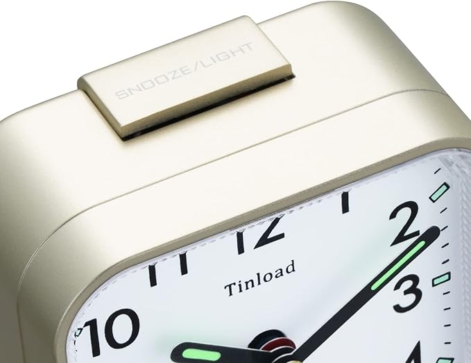 Tinload Small Battery Operated Analog Travel Alarm Clock Silent Non Ticking,Gentle Wake, Ascending Beep Sounds, Snooze,Lighted on Demand,Easy Set(Gold)