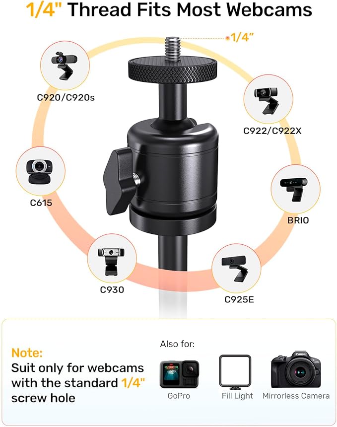 Upgraded Webcam Stand for Desk, Telescopic Webcam Tripod Mount with Ball Head, Compatible with Logitech Camera C922 C930e C920S C920 C615 C960 C920x BRIO 4K NexiGo N60, Phone Holder with 1/4" Thread