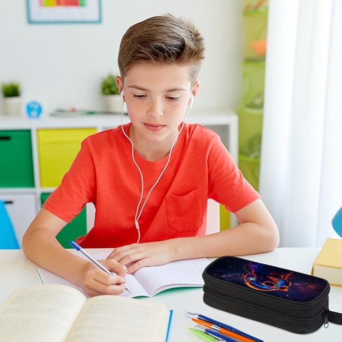 HiMagics Children's Pencil Case, Large Zipper Pencil Pouch for Boys with Two Compartments Boys Pen Pouch for School Dog Pencil Bag, Black
