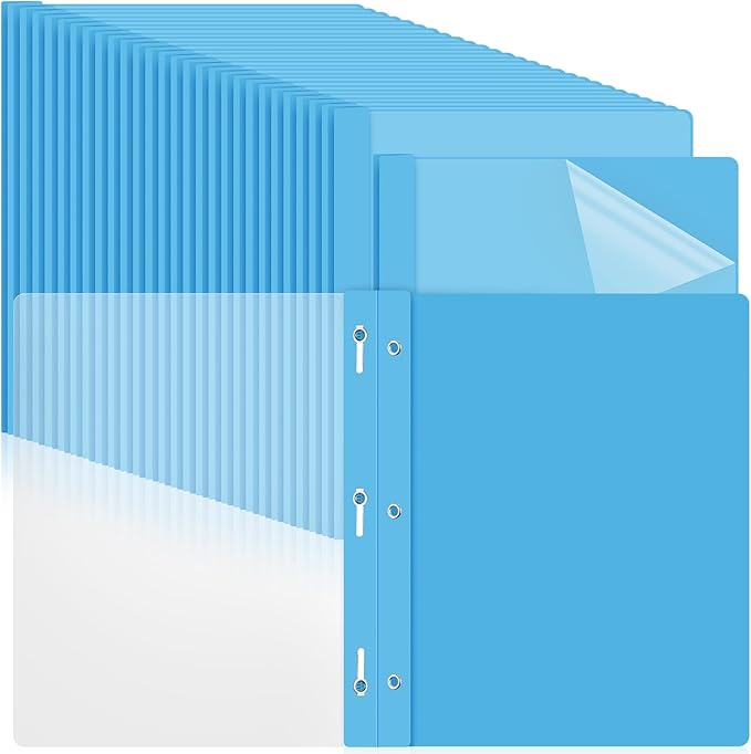 Feifeiya 48 Pack Plastic Report Covers with 3 Prongs Presentation Folders Bulk, 100 Sheet Capacity, Clear Front Report Covers for Presentation Document Paper School Office Supplies (Sky Blue)