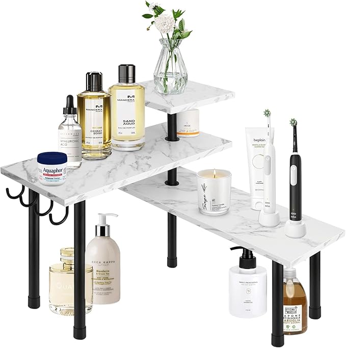 Homode Bathroom Counter Corner Shelf, 3 Tier Kitchen Countertop Organizer for Over The Sink, Make Up, Dresser Table, White Marble