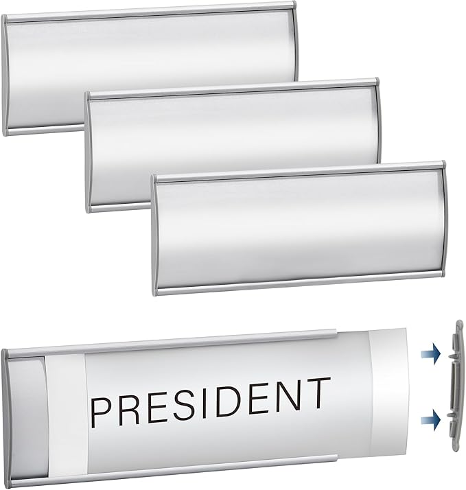 Plecterco 4 Pcs Office Door Signs - 8" x 3" Curved Name Plate Holders for Office, Wall-Mount Door Signs with Plastic Film and Adhesive Tape (Silver) (4, Silver)
