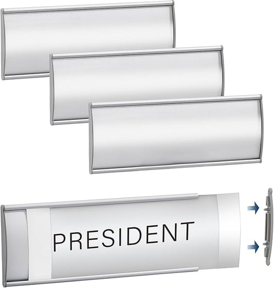 Plecterco 4 Pcs Office Door Signs - 8" x 3" Curved Name Plate Holders for Office, Wall-Mount Door Signs with Plastic Film and Adhesive Tape (Silver) (4, Silver)