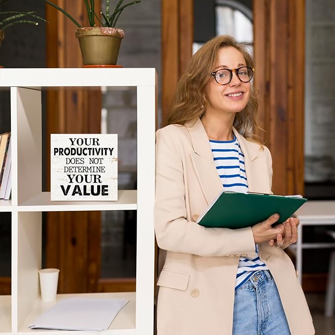 Your Productivity Does Not Determine Value Sign, Wooden Block Sign 5x5x1 INCH, Motivational Office Decor Mental Health Plaque for Desk Wall Shelf‌
