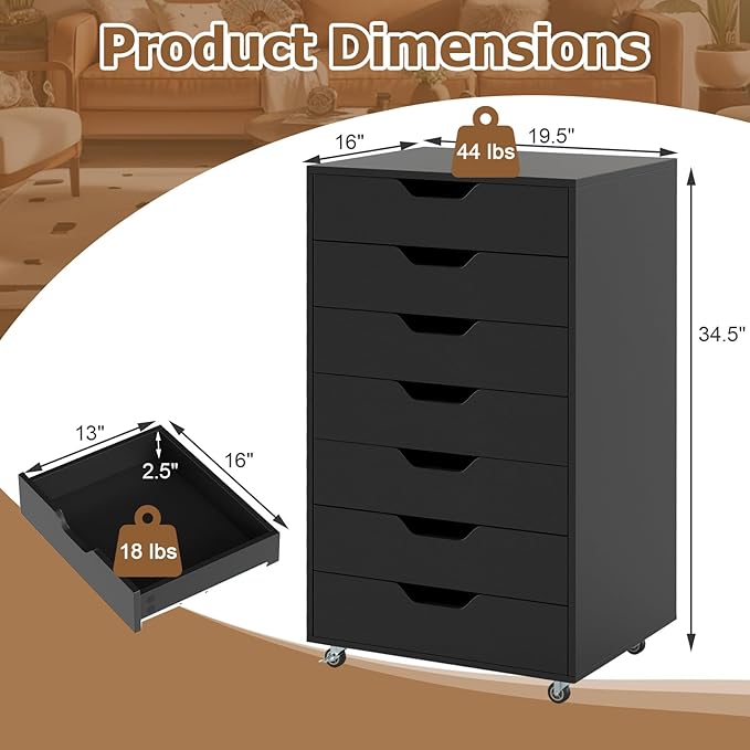 Giantex 7-Drawer Storage Cabinet, Mobile File Organizer with 4 Universal Casters, Wooden Vertical Filing Cabinet on Lockable Wheels for Office, Study, Living Room (19.5” x 16” x 34.5”,Black)
