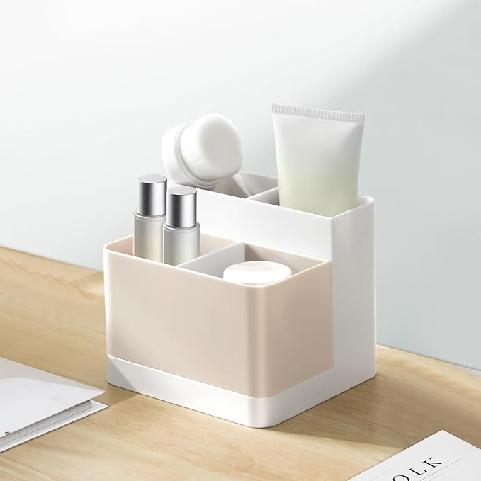 Poeland Desktop Storage Organizer Pencil Card Holder Box Container for Desk, Office Supplies, Vanity Table Tan
