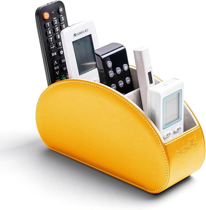 BONNY DODO Remote Control Holders Organizer Box with 5 Compartment PU Leather Multi-functional Office Desk Storage Caddy Store Tv Remote for Media Player,Brush,Pencil,Glassees&Office Supplies (GOld)