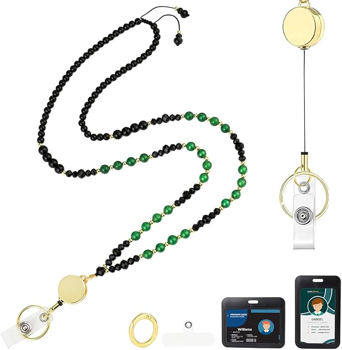 AIDSOTOU Lanyards for ID Badges and Keys,Natural Stone Beaded Teacher Lanyard for Women,Retractable Lanyard with ID Holder Cute Lanyards for Teachers (Green)