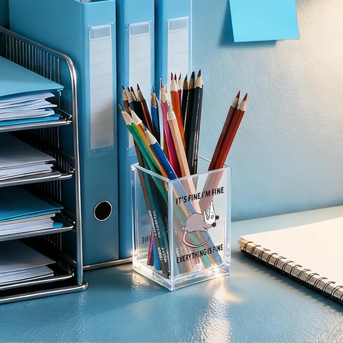 QYUVK It's Fine I'm Fine Everything Is Fin Acrylic Makeup Brush Pencil Holder Cup, Funny Opossum Pen Holder Gifts For Friends Nurse, Office Sarcastic Gifts for Women Men Coworker, Desk Organizer