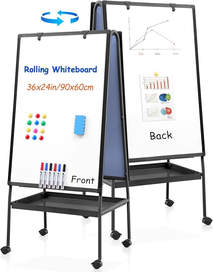 MAKELLO Rolling Whiteboard on Wheels 36x24 in, Double Sided Mobile White Board with Storage Tray for Office School Home, Magnetic Classroom Easel for Teacher, Height Adjustable, Aluminum Frame, 3'x2'
