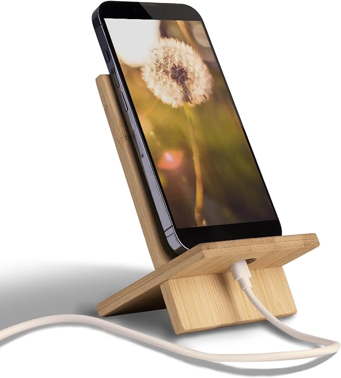 Healfyya Bamboo Tablet Holder - Adjustable Folding iPad Stand with Charge Port for Desk or Cooking