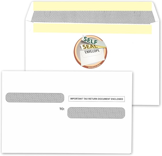 NextDayLabels - W-2 Tax Forms Double Window Security Envelopes, (Pack of 100 Self Seal Envelopes)