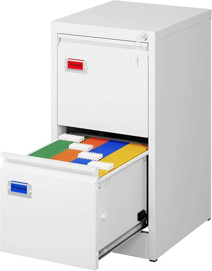 PEUKC 2-Drawer File Cabinet, 16.3" Deep Vertical Filing Cabinet with Lock, Metal File Cabinet for Home Office, Anti-Tip 2 Storage Drawers for Letter/Legal/A4/F4 Size (Assemble Required, White)