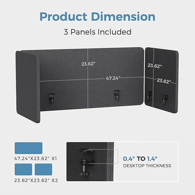 MORDEER 47.2 Inch Desk Divider Panels Set, Acoustic Divider Panel for Privacy, Fabric Wrapped Room Dividers for Office, Easy Assemble, Dark Grey