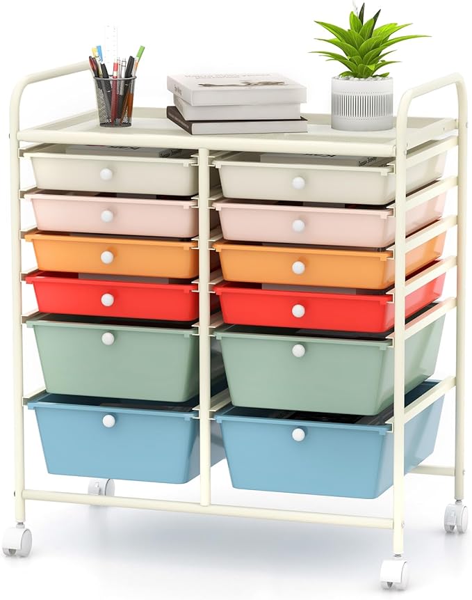 Happygrill 12-Drawer Rolling Storage Cart, Multipurpose Organizer Cart for Home Office School, Utility Cart with Wheels (Macaron)