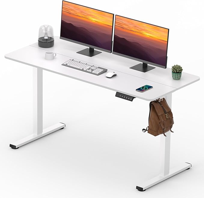 FitStand Adjustable Stand Up Desk with Memory Preset, Standing Desks 55 x 24 Inch Electric Home Office Desk Computer Workstation Splice, White Top + White Frame