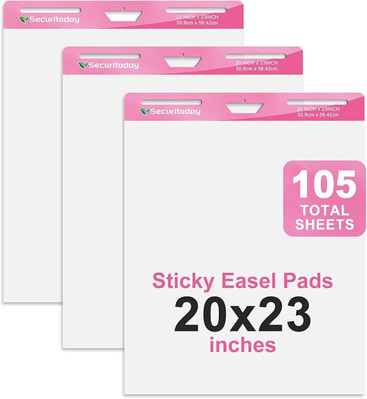 Securitoday Sticky Easel Pad - 20 x 23 Inches Flip Chart Paper for Teachers, Super Sticking Power & Bleed-Resistant - Self-Stick Easel Paper for Office, School, Classroom Supplies, 35 Sheets/Pad, 3 Pads/Pack