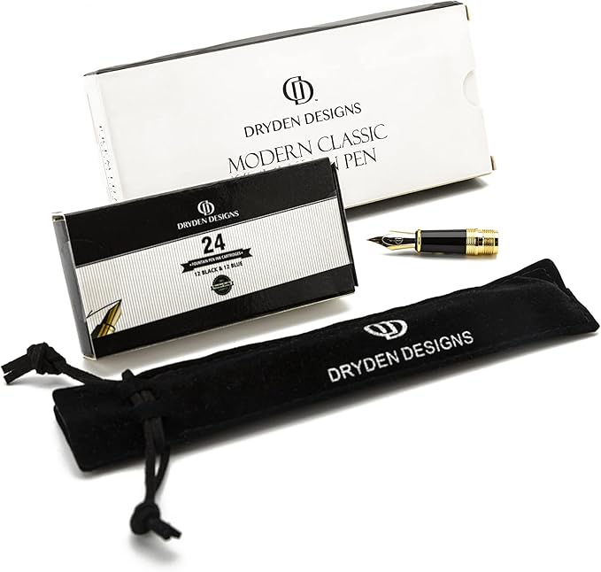 Dryden Designs Fountain Pen - Medium and Fine Nibs | Includes 24 Ink Cartridges and Ink Refill Converter | Calligraphy Pen, Consistent Writing, Smooth Look - Intense Black.