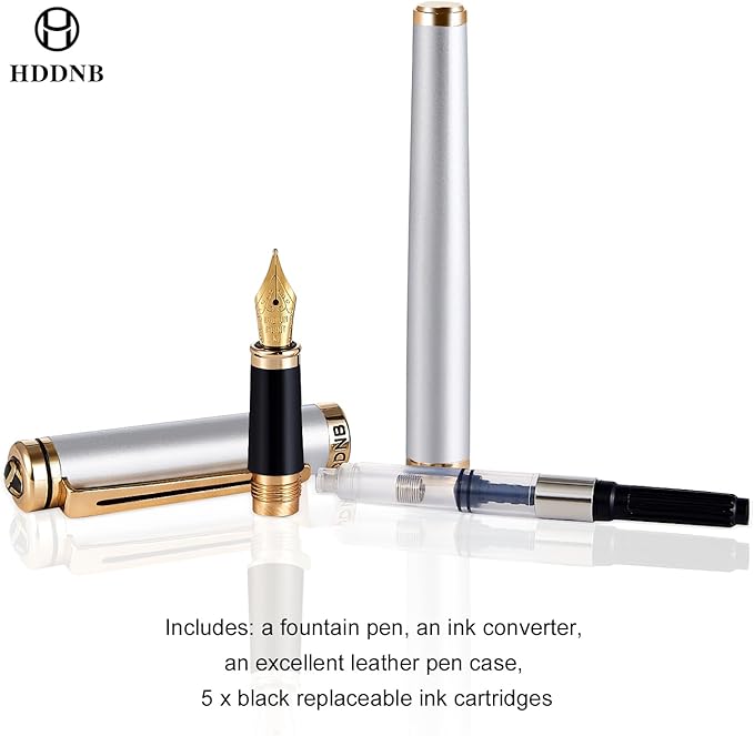 HDDNB Silver Luxury Fountain Pen Set for Men and Women with Gift Box, 24K Gold Finish and Gilded Nib(Extra Fine) with 5 Black Ink Cartridges and Converter
