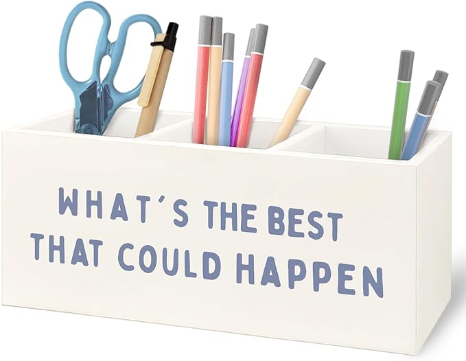 URLLUAE What's the Best That Could Happen Inspirational Wooden Pen Pencil Holder for Office Desk Accessories, Motivational Desk Decor, Retro Blue Makeup Brush Toothbrush Holder Organizer