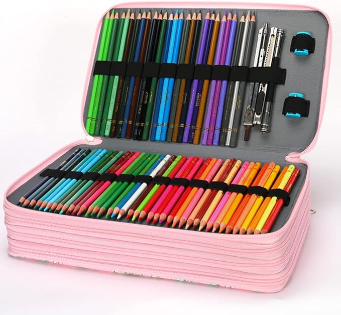Vomgomfom Large Capacity Pencil Case - Zipper Closure Twill Fabric Case for 300 Colored Pencils or 200 Gel Pens, Artist Organizer (Pink Rose)