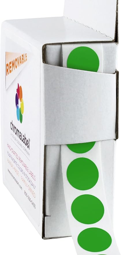 ChromaLabel 1/2 Inch Circle Labels, Easy to Write On Round Color Coding Labels, Removable Sticky Dots - 1000 Label Stickers per Dispenser Box, Green Dot Labels